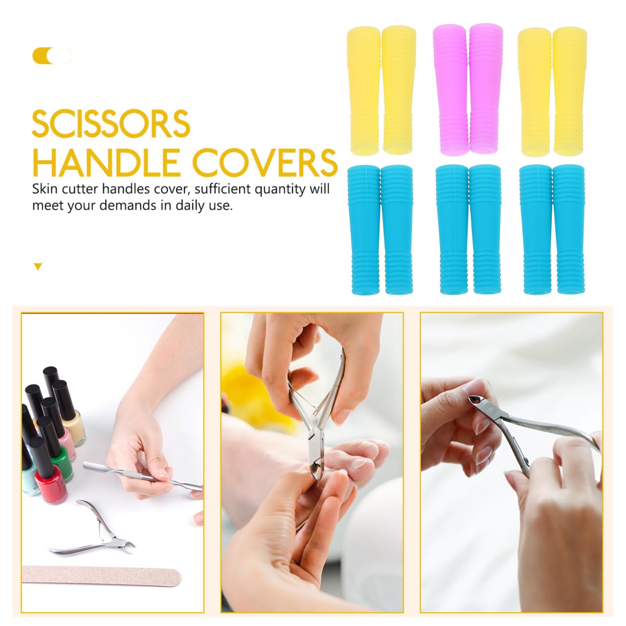 Comfortable shock absorbing silicone padding sleeves installed on a cuticle nipper to show secure non slip finger positioning.