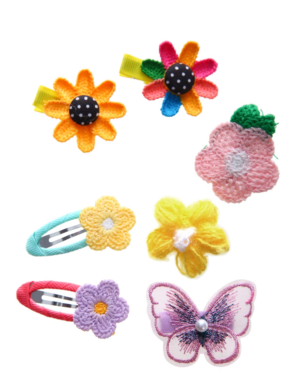 Assorted collection of toddler hair clips featuring cute fruit and butterfly patterns laid out flat.