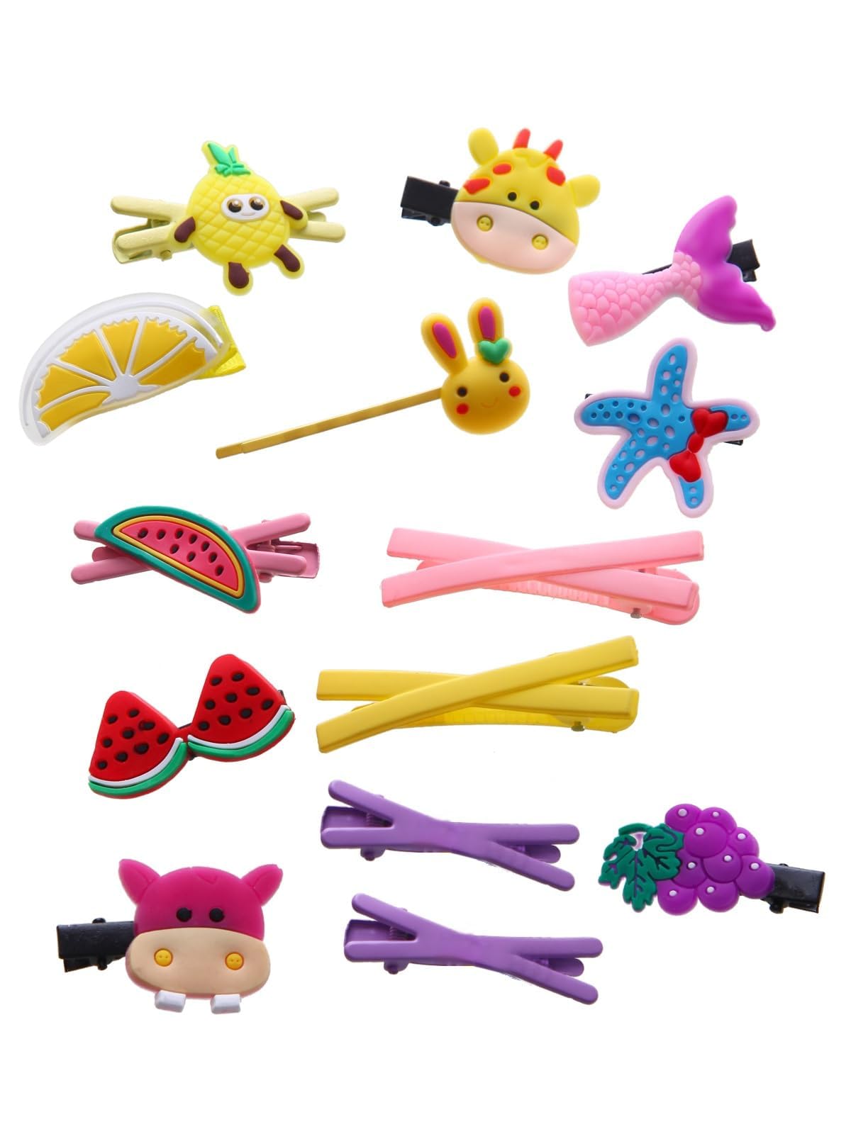 Vibrant assortment of fifty six pieces of girls hair pins showcasing different cartoon designs.