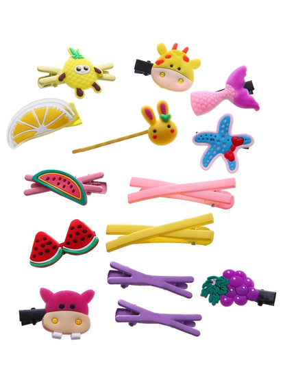 Vibrant assortment of fifty six pieces of girls hair pins showcasing different cartoon designs.