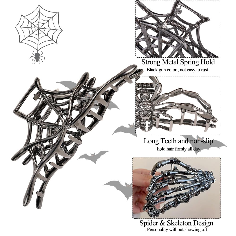 Rauimour halloween theme cobweb design metal hair clamp securing a messy bun hairstyle