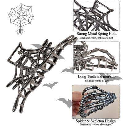 Rauimour halloween theme cobweb design metal hair clamp securing a messy bun hairstyle