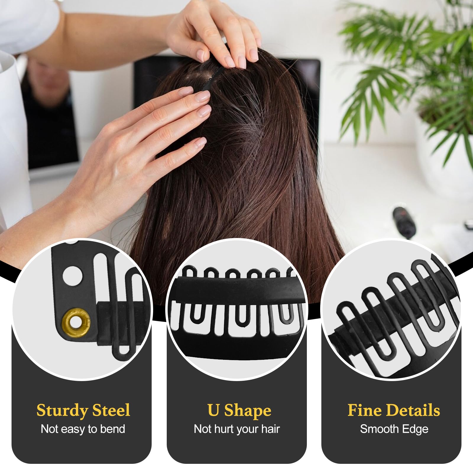 Black metal wig clips with protective rubber teeth
