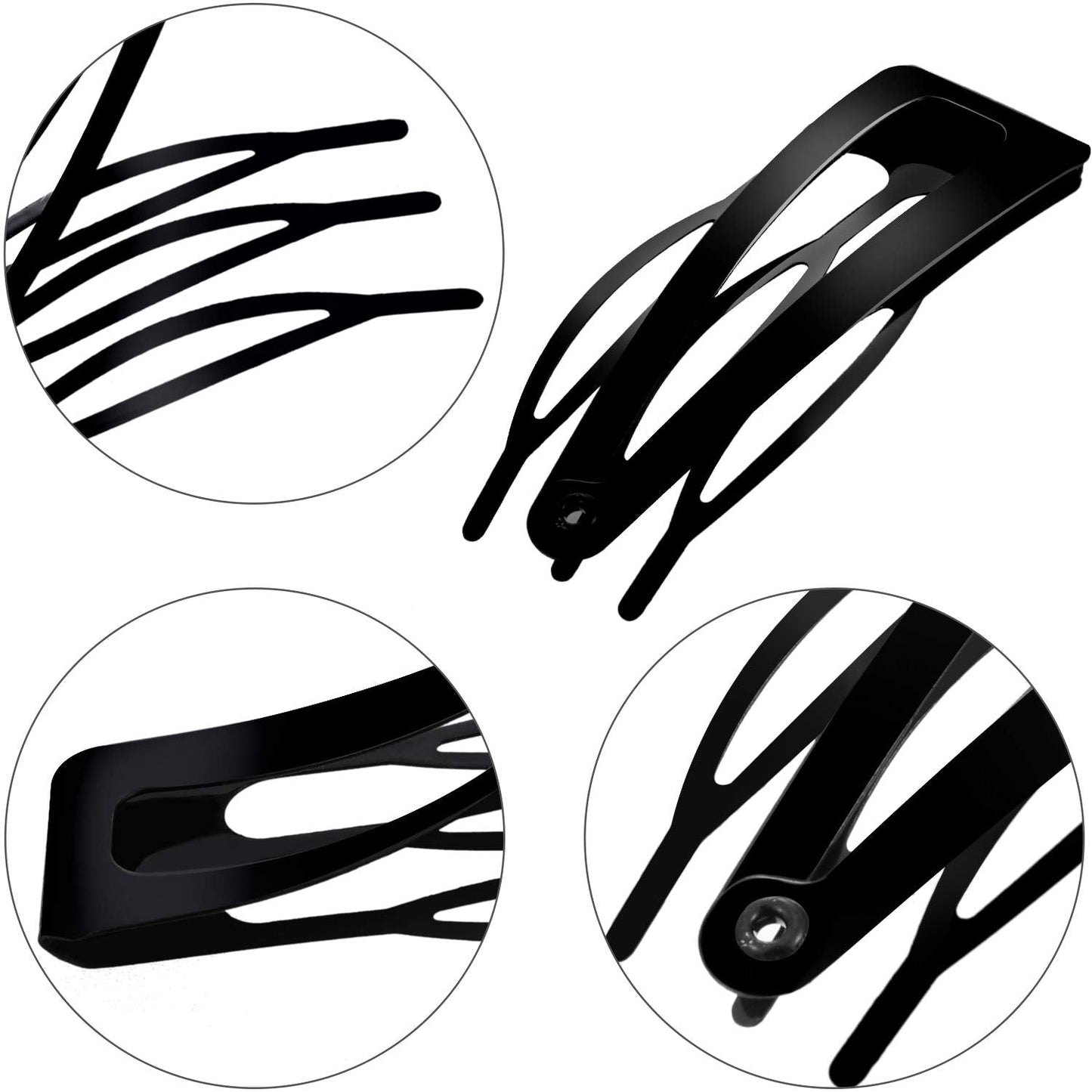 Close up of black metal barrettes showing the three tooth comb design
