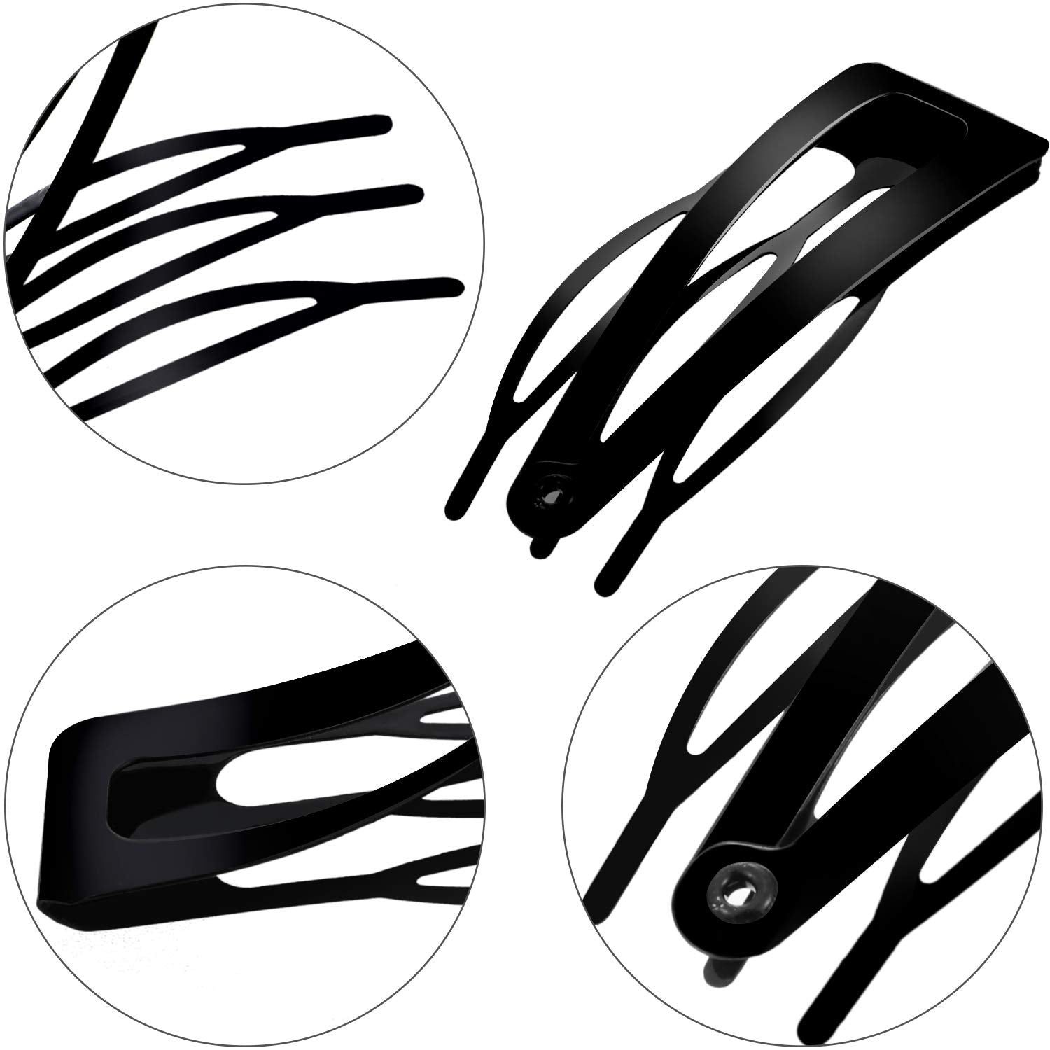 Close up of black metal barrettes showing the three tooth comb design