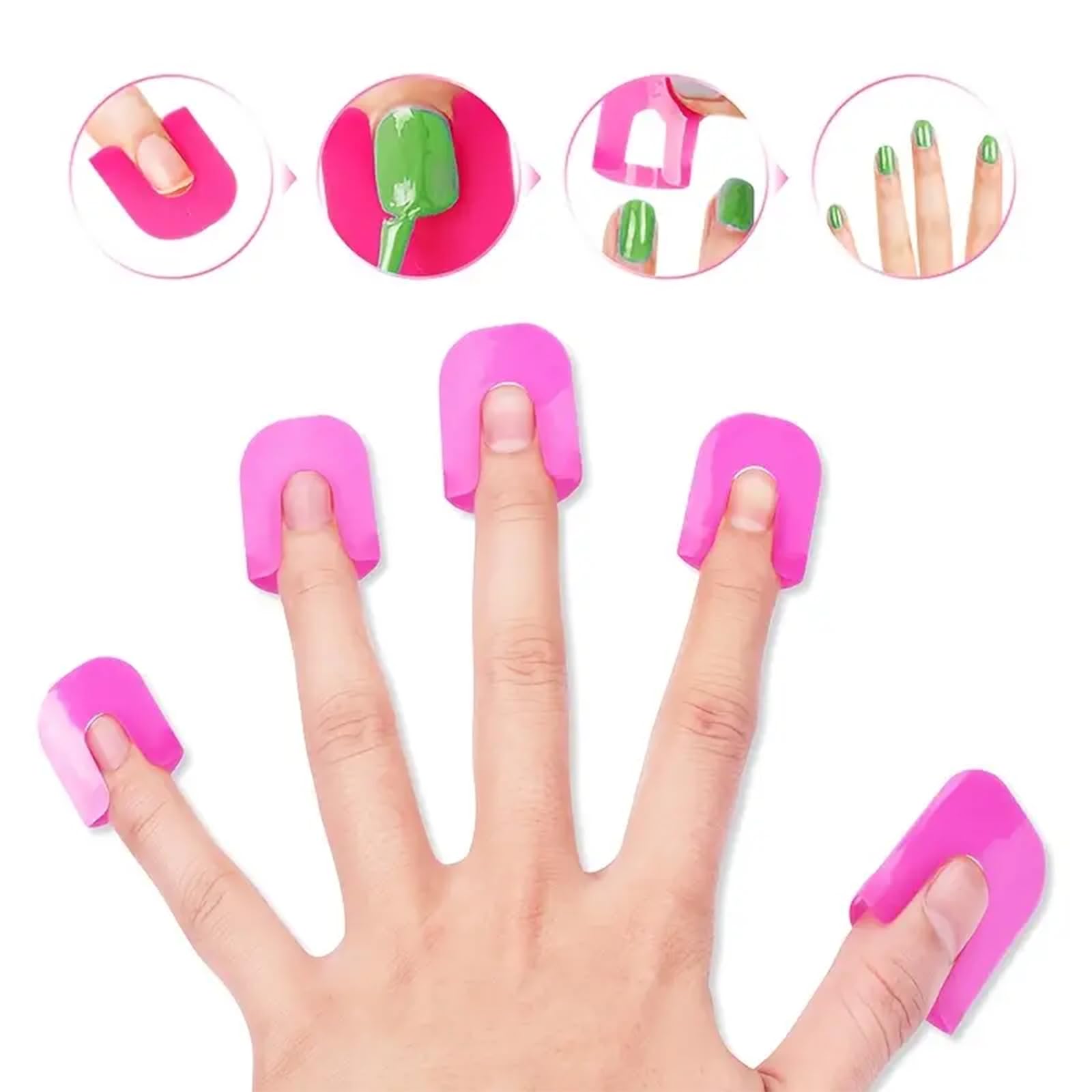 Top view of the ten different sizes of reusable nail covers arranged in a row to demonstrate size variation.
