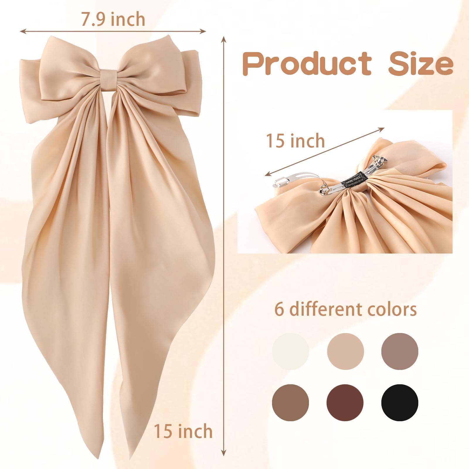 Premium silky satin large bow barrettes close up showing metal alligator clip back