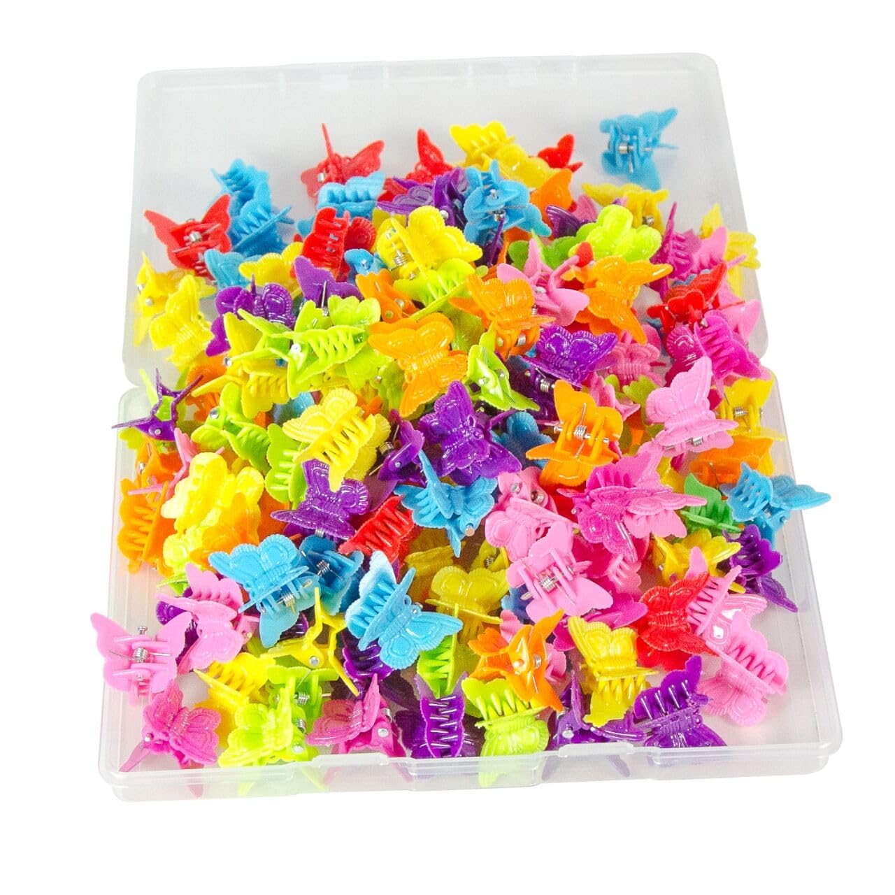 Top view of 50 pieces mini butterfly hair accessories in storage container