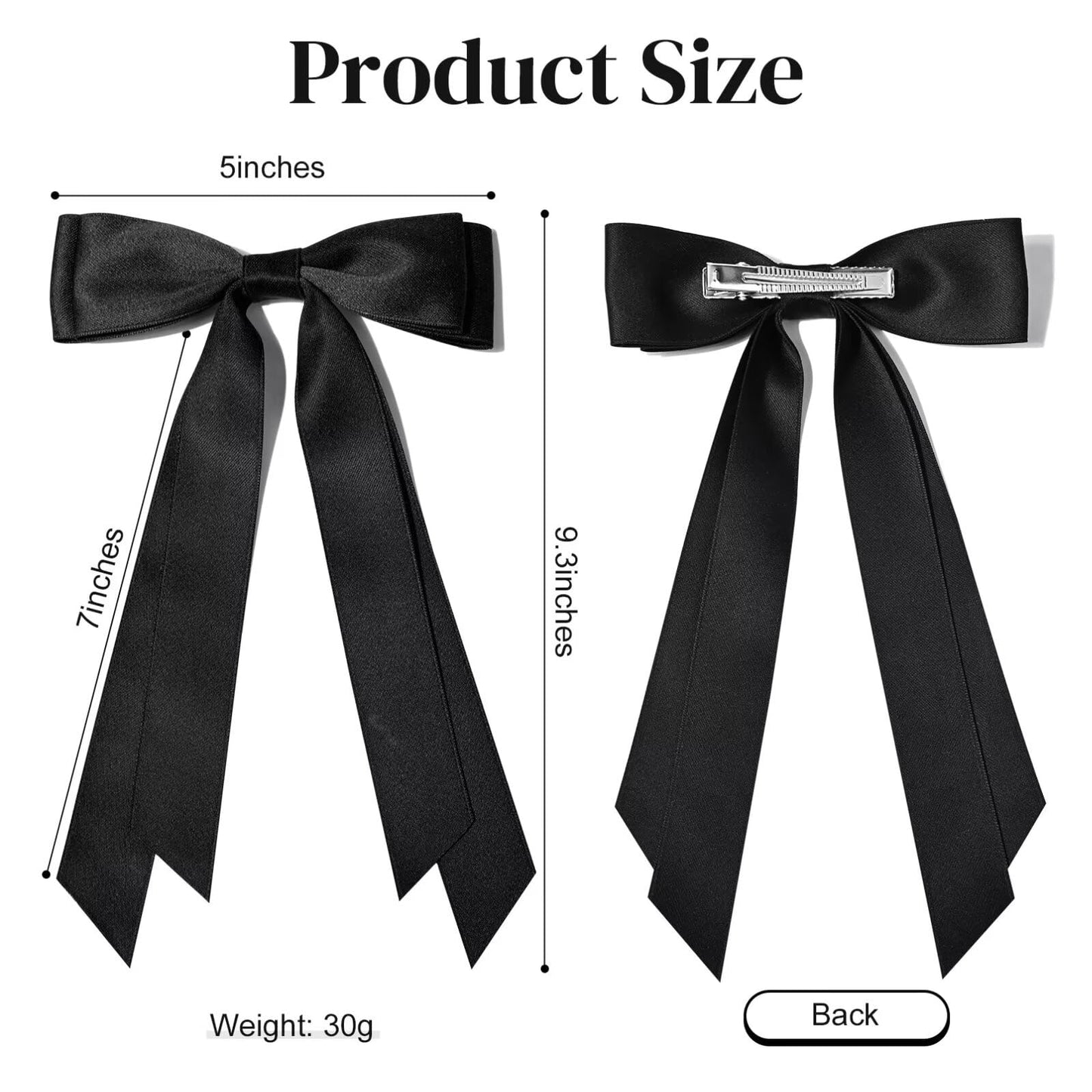 Premium oversized black satin bow clip with long elegant tails for women.