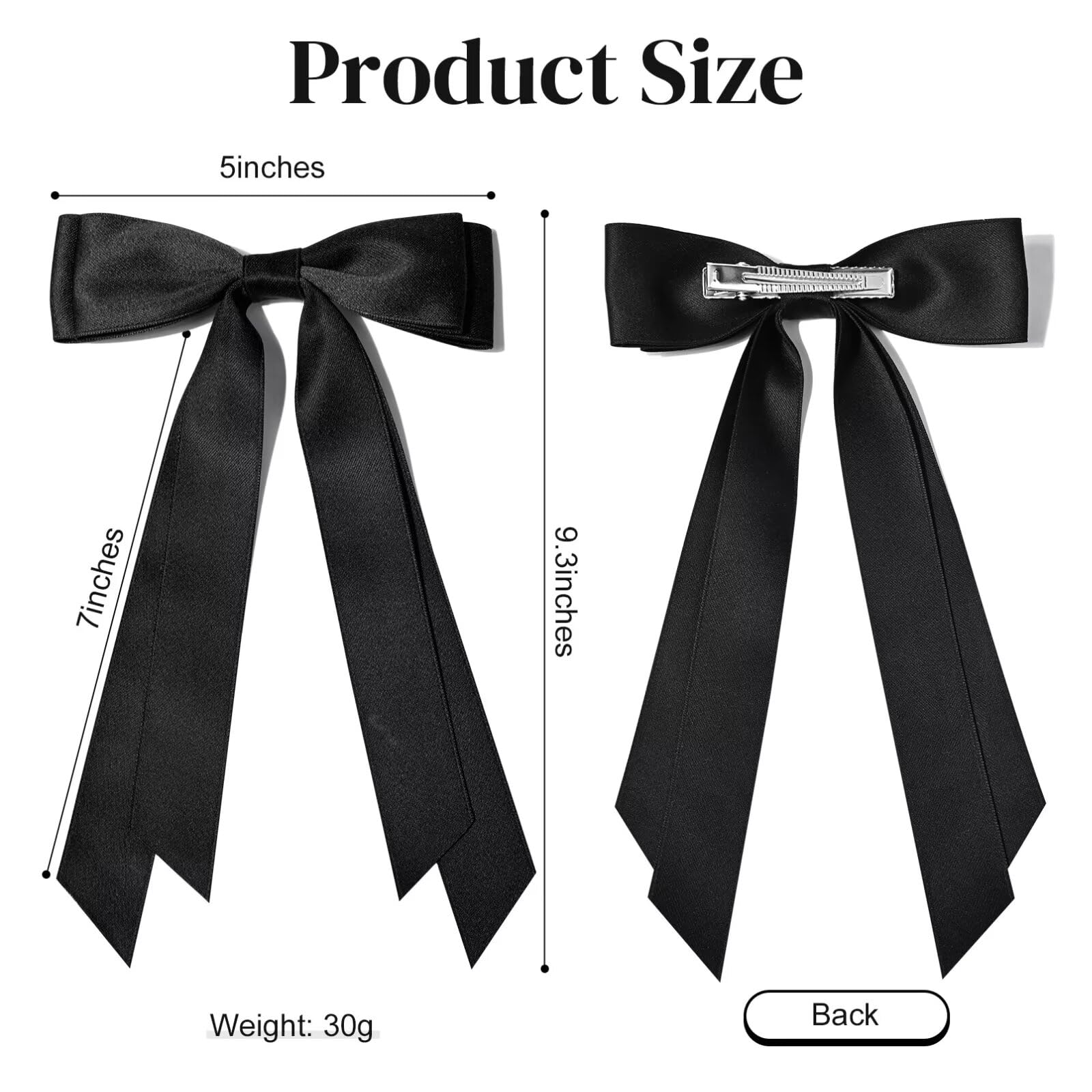 Premium oversized black satin bow clip with long elegant tails for women.