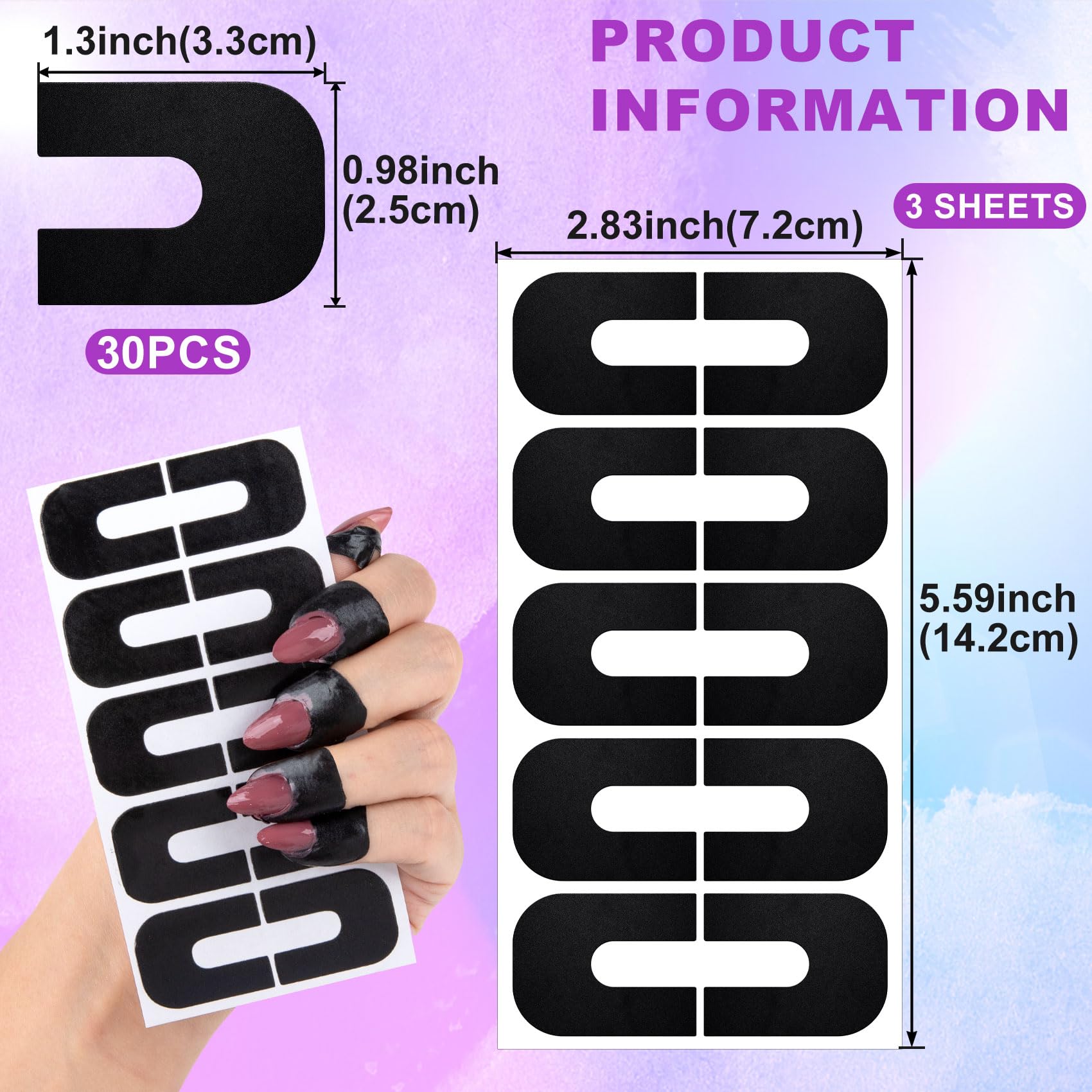 Close-up of a black U-shape gel nail sticker applied around a finger cuticle skin barrier