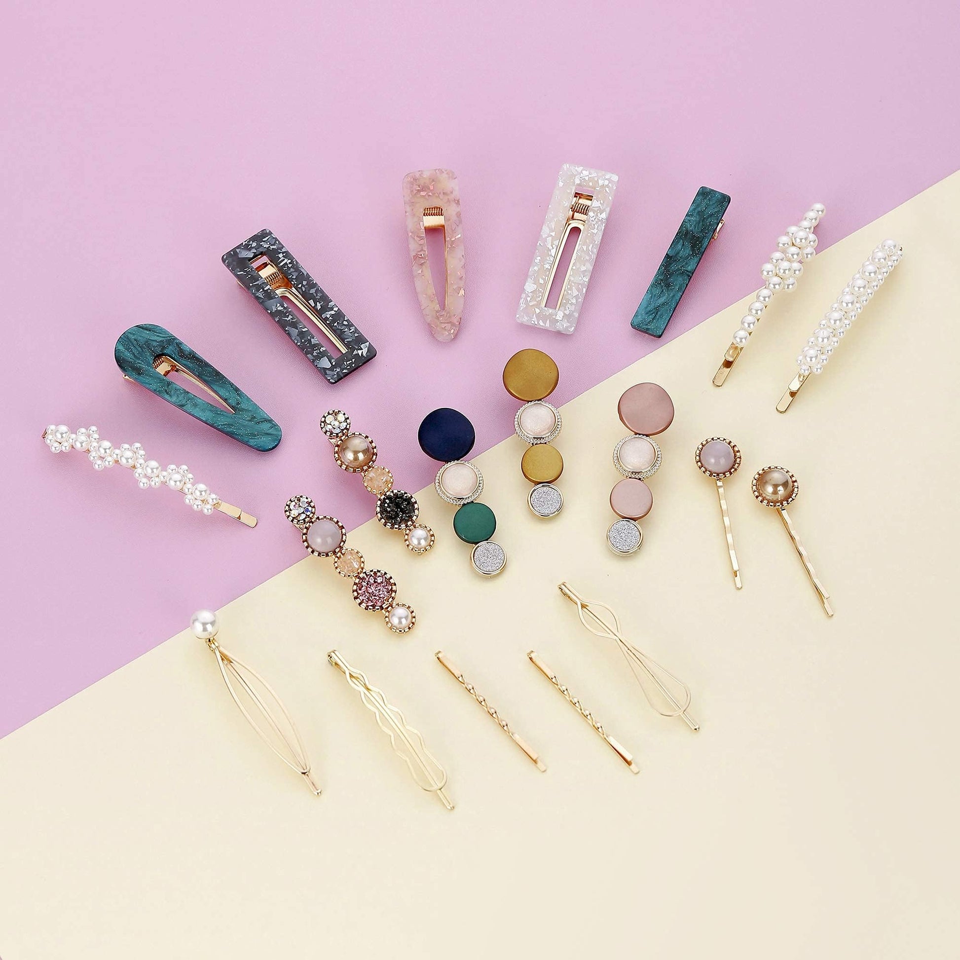 Mehayi twenty piece premium hair accessory set arranged neatly as a luxury gift option.