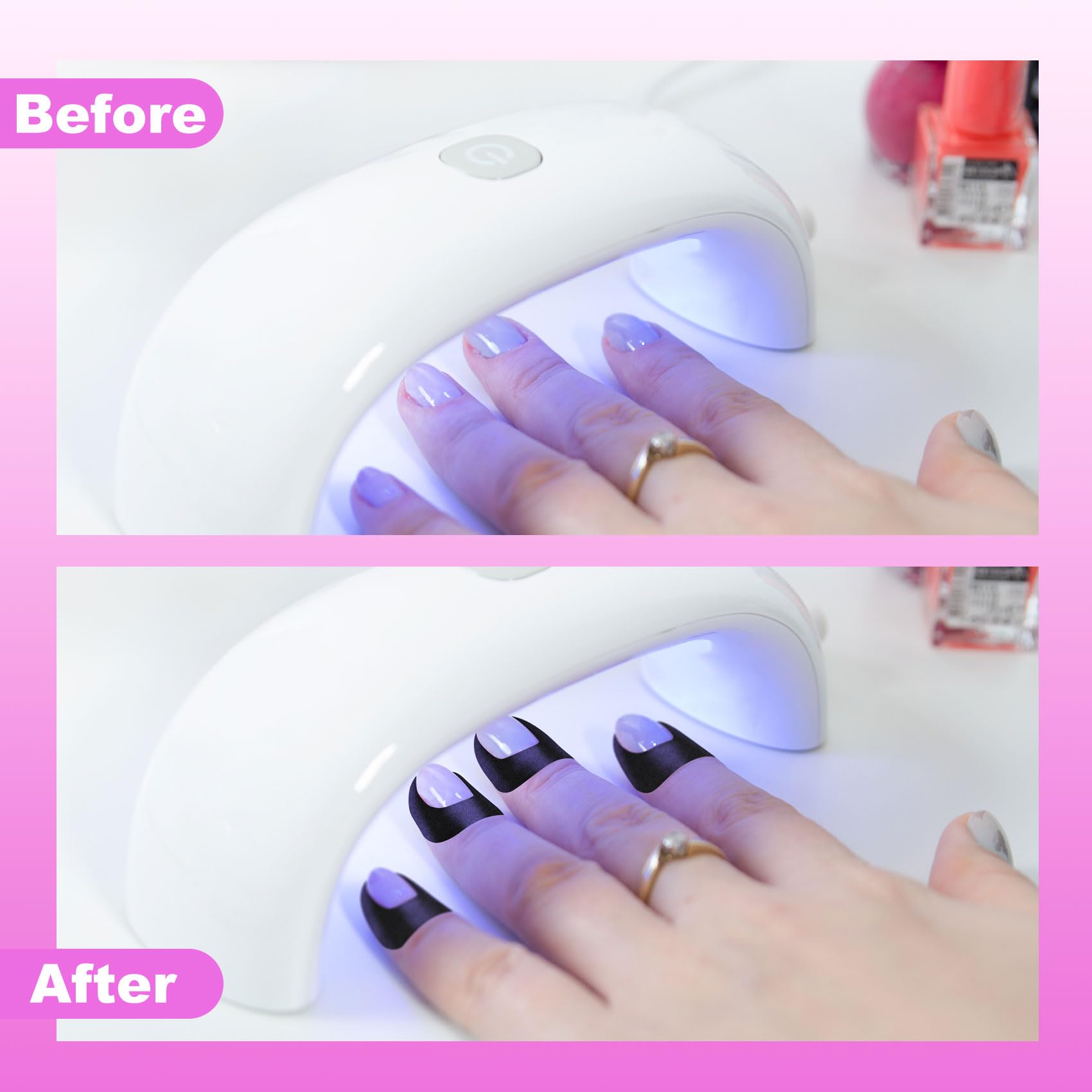 Step-by-step demonstration using U-shape polish guards for gradient nail painting techniques without skin smudges