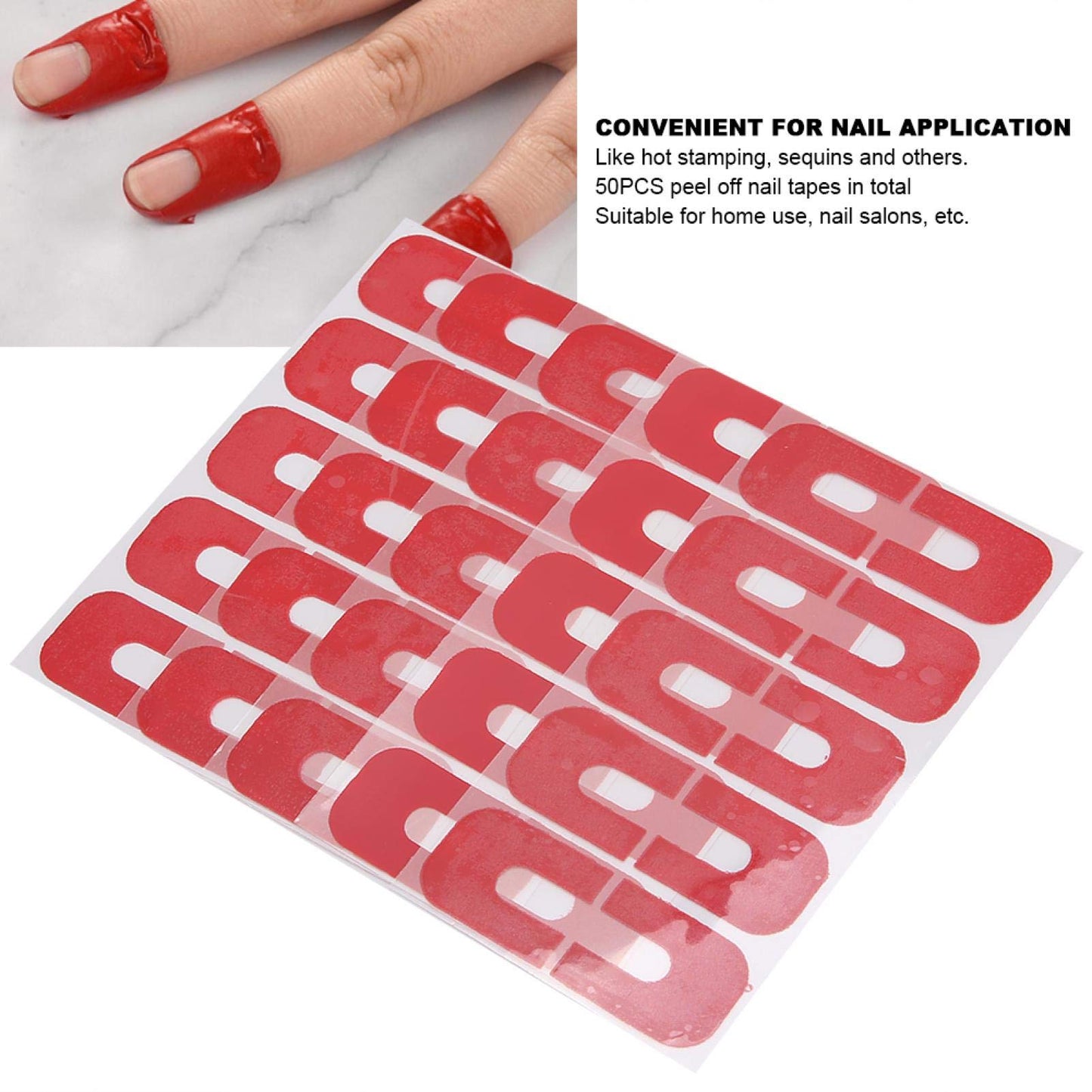 Close up view of disposable peel off nail tapes applied around a finger cuticle for spill proof protection.