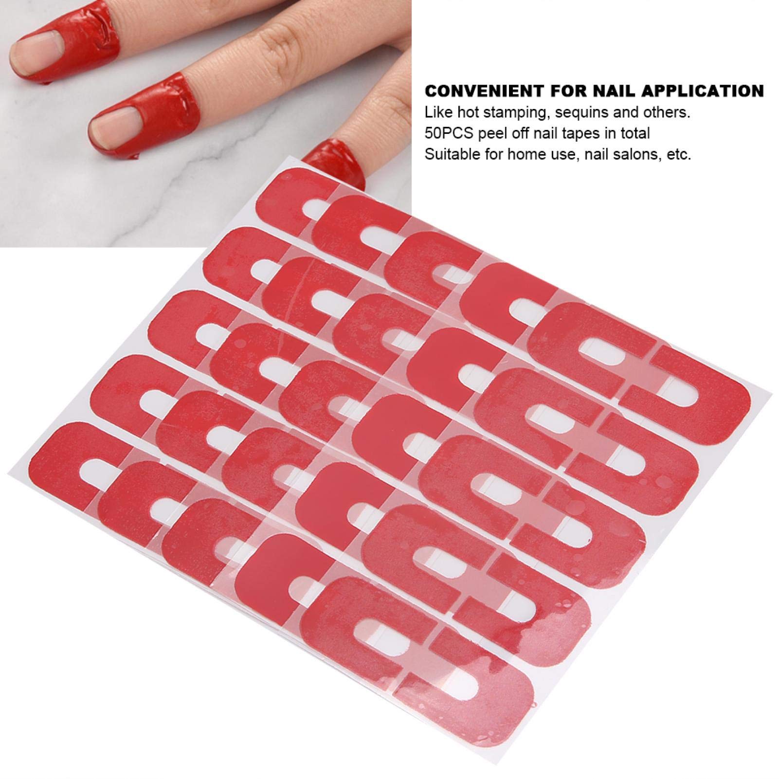 Close up view of disposable peel off nail tapes applied around a finger cuticle for spill proof protection.