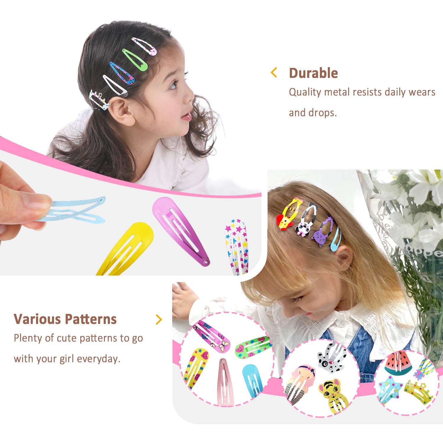 Funtopia colorful metal snap barrettes arranged by color and pattern variety