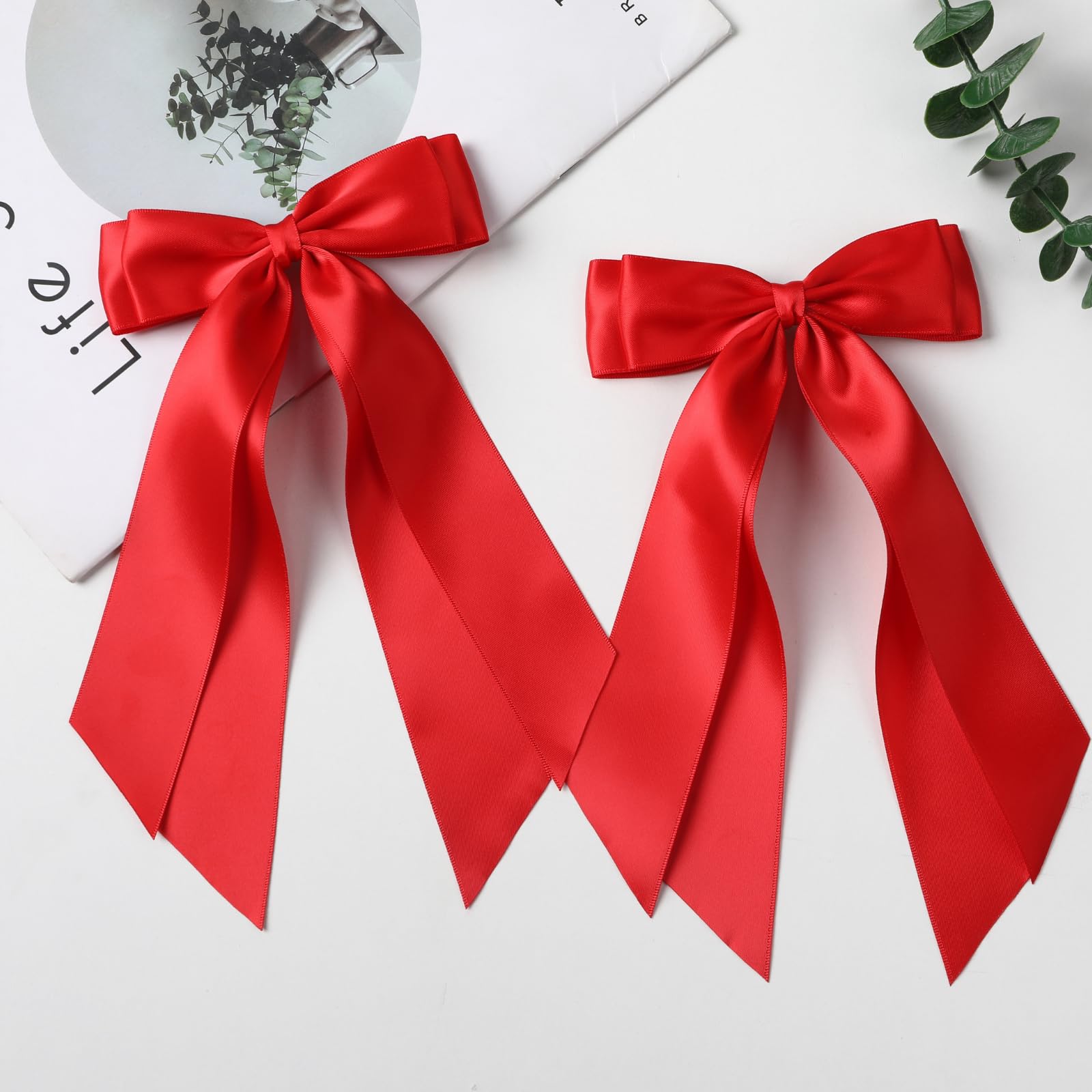 Two LuSeren red hair ribbon clips for ponytail styling
