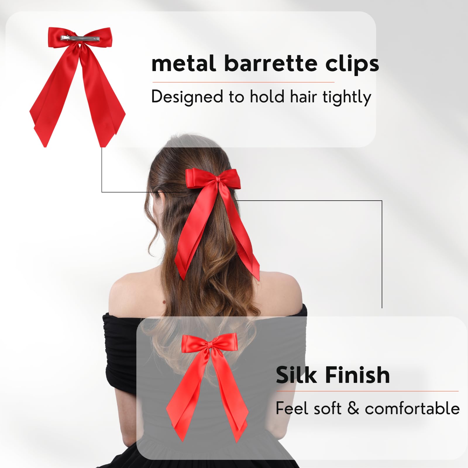 LuSeren satin ribbon bows with long tails on hair model