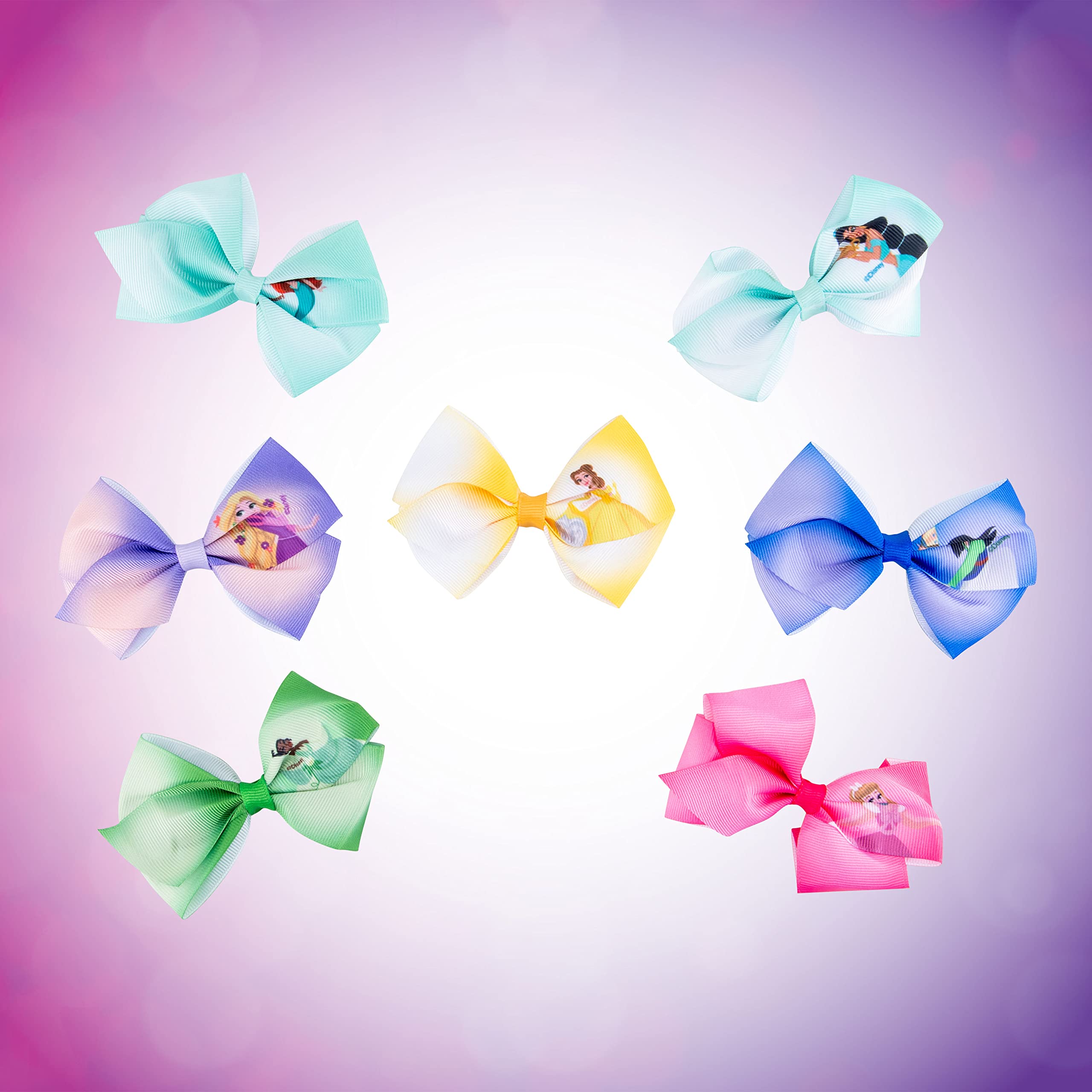 Close up view of the four inch kids hair bows featuring individual printed character emblems.