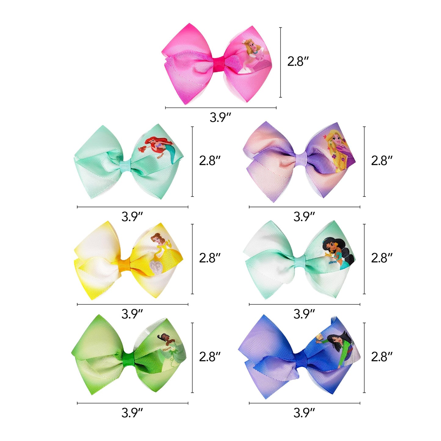 Seven piece bundle of girls character theme hair ribbons arranged by color variation.