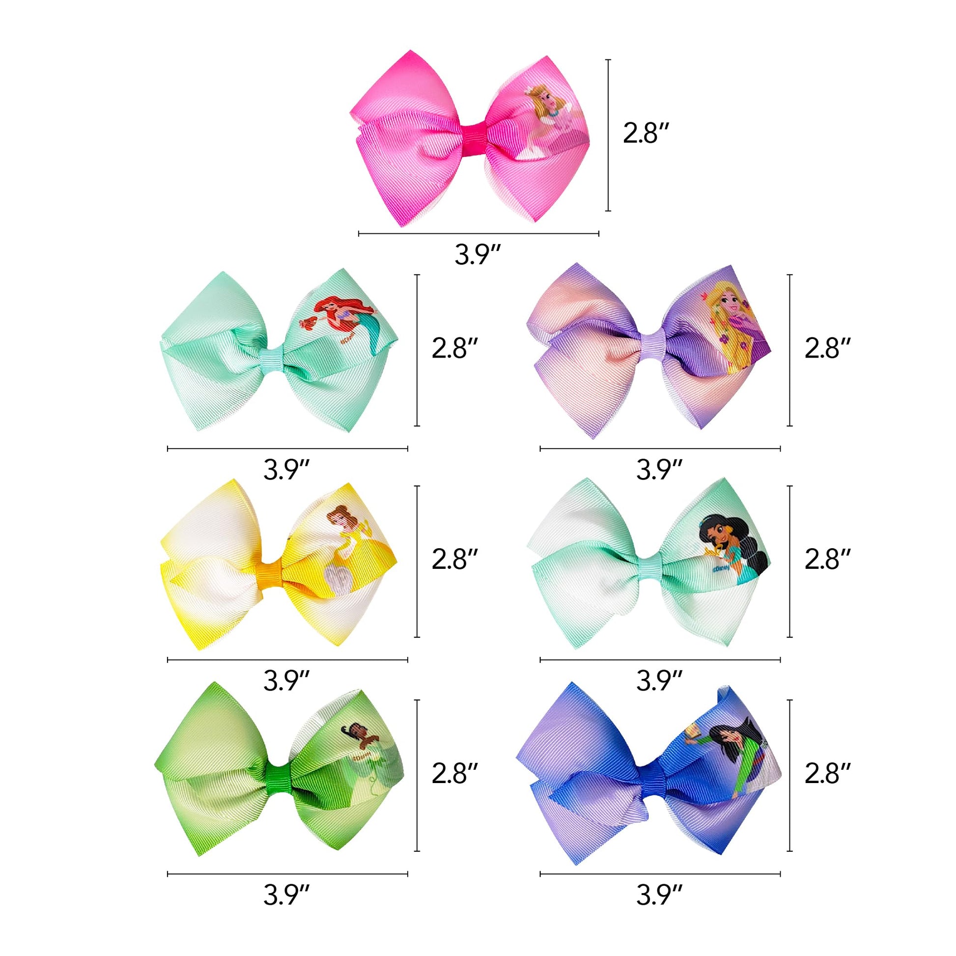 Seven piece bundle of girls character theme hair ribbons arranged by color variation.