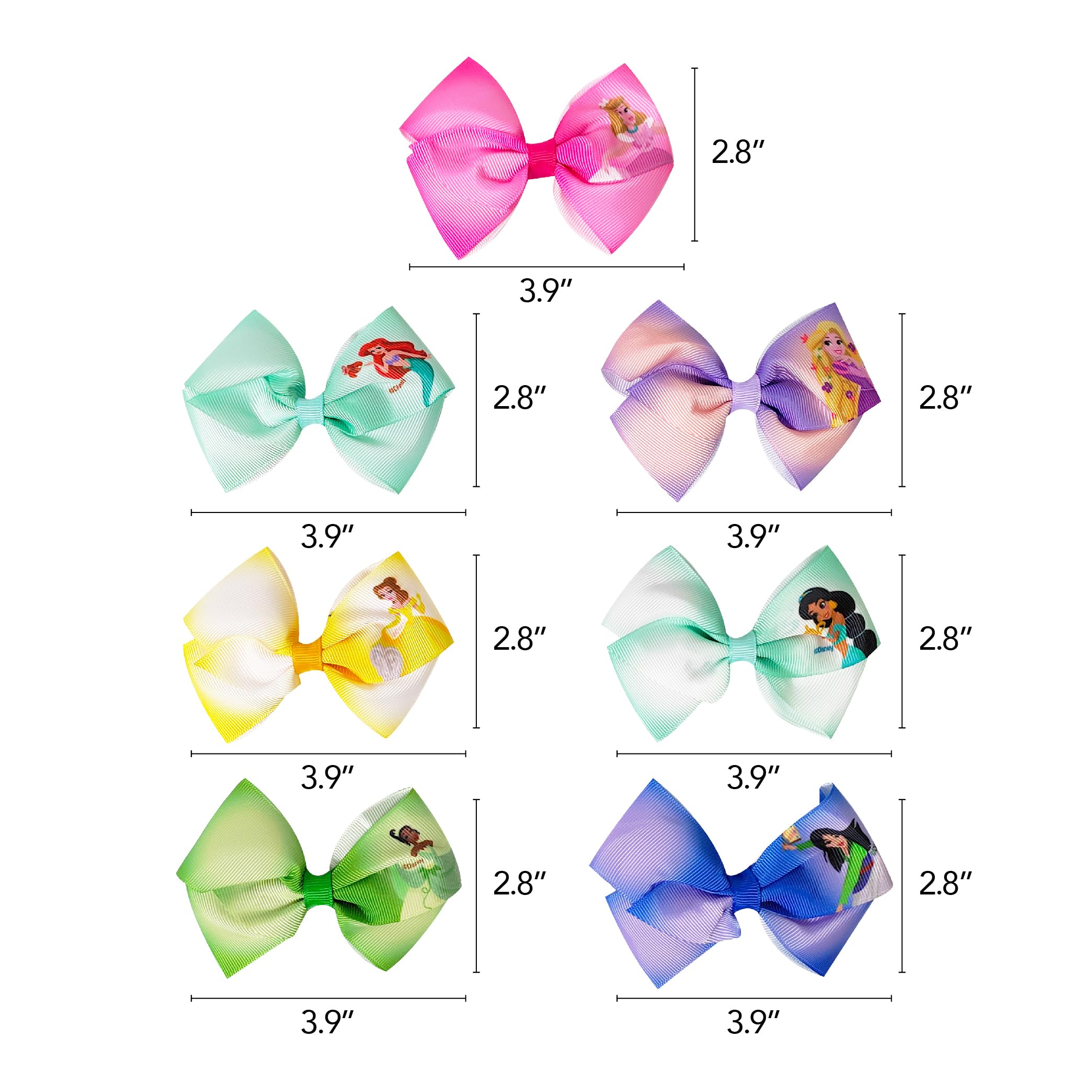 Seven piece bundle of girls character theme hair ribbons arranged by color variation.