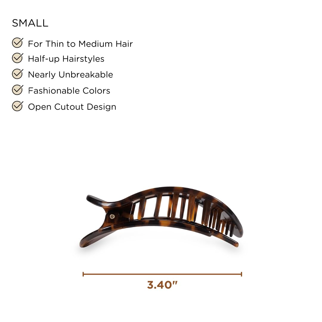 Close up shot of the innovative bendable teeth on the small flat tortoise hair accessory.