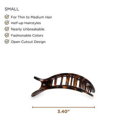 Close up shot of the innovative bendable teeth on the small flat tortoise hair accessory.