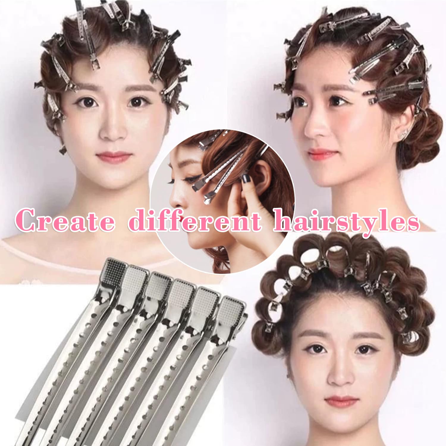 Durable nickel plated salon clips holding hair rollers in place