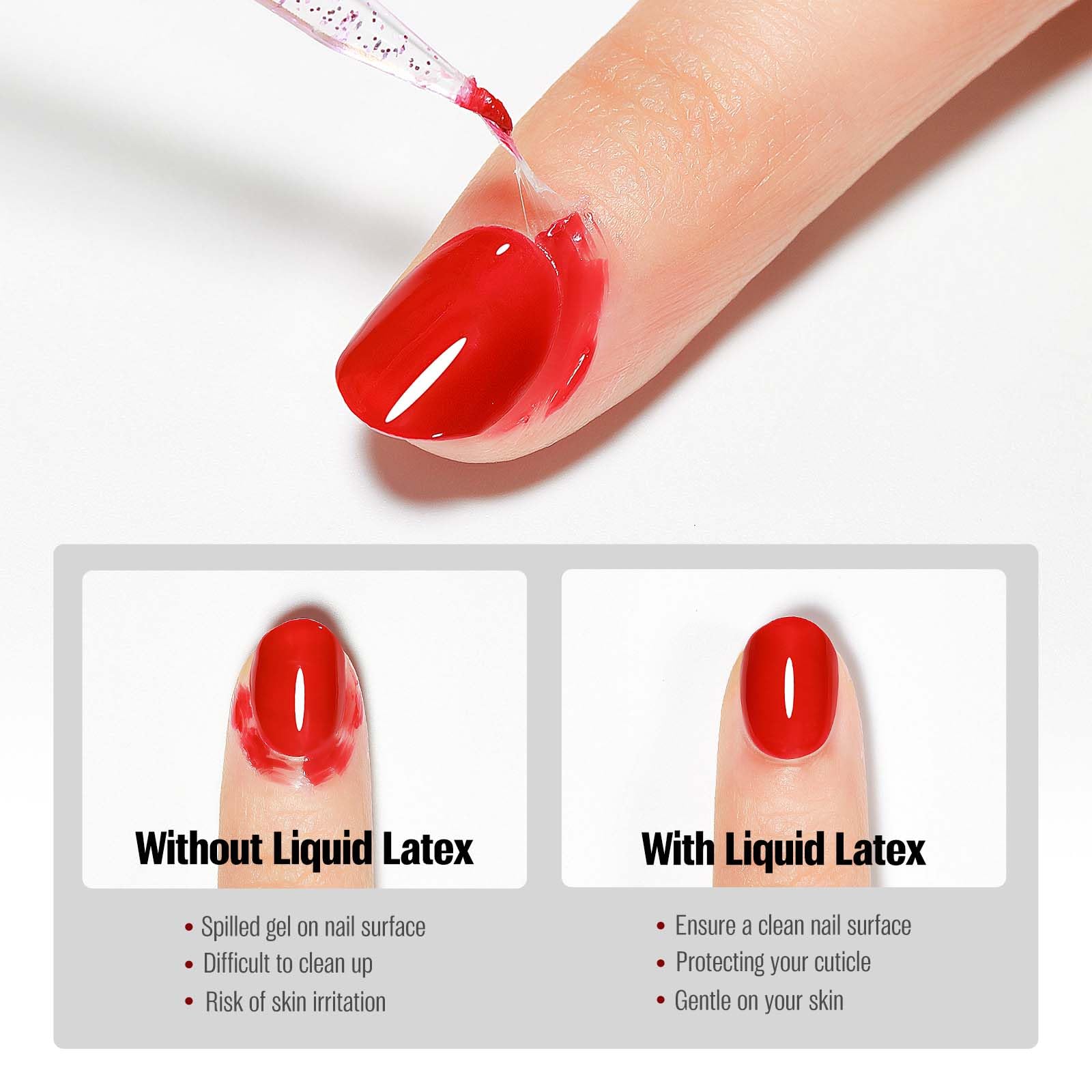 Applying pink liquid latex tape to skin around the fingernail with brush applicator