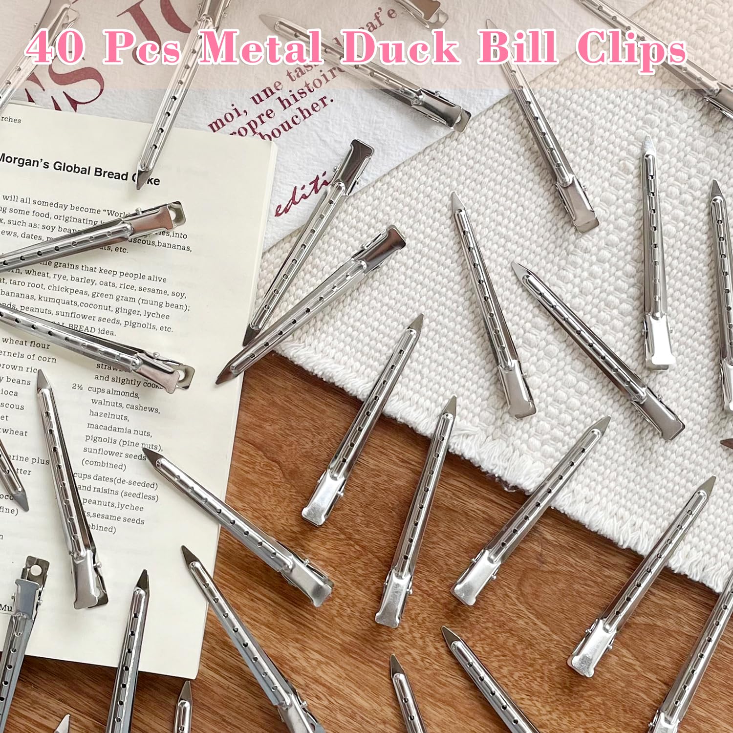 Mythos 3.5 inch duckbilled hair clips spread out on styling table