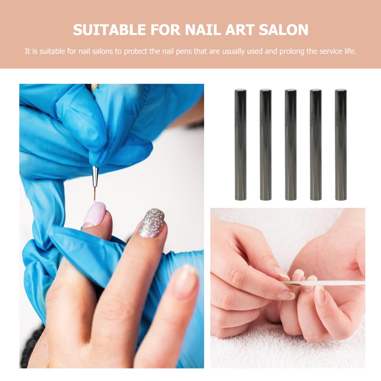 Set of five nail brush protectors on a white background