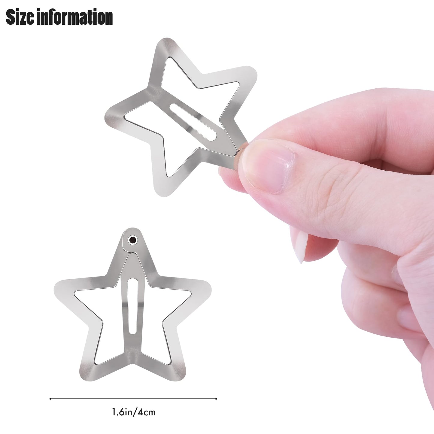 Y2K style non slip silver star snap barrettes on dark hair.