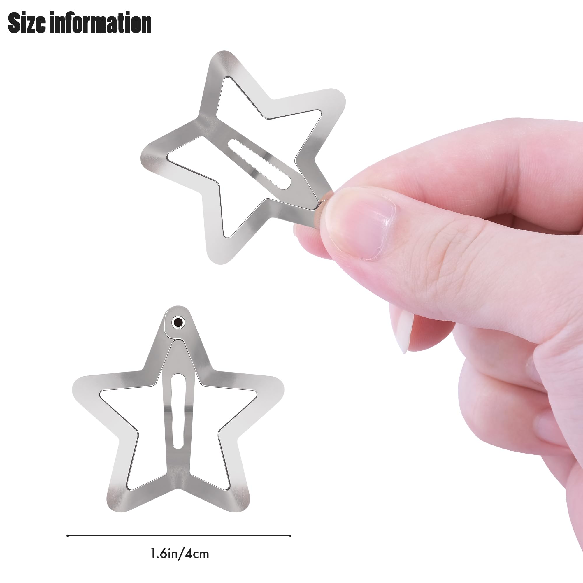 Y2K style non slip silver star snap barrettes on dark hair.