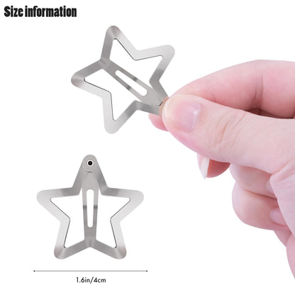 Y2K style non slip silver star snap barrettes on dark hair.