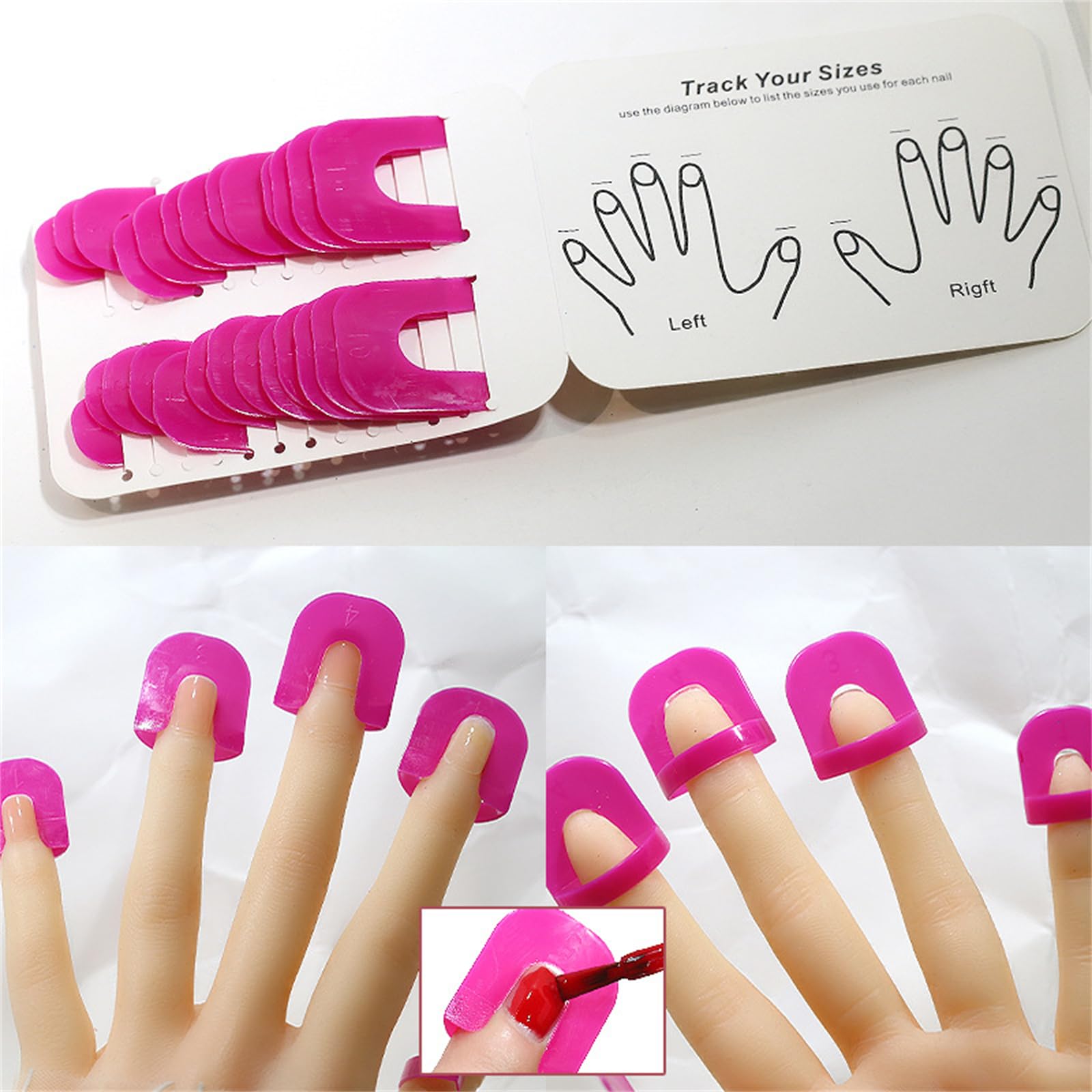 Pink plastic cuticle shields wrapped around fingers for mess free home manicures