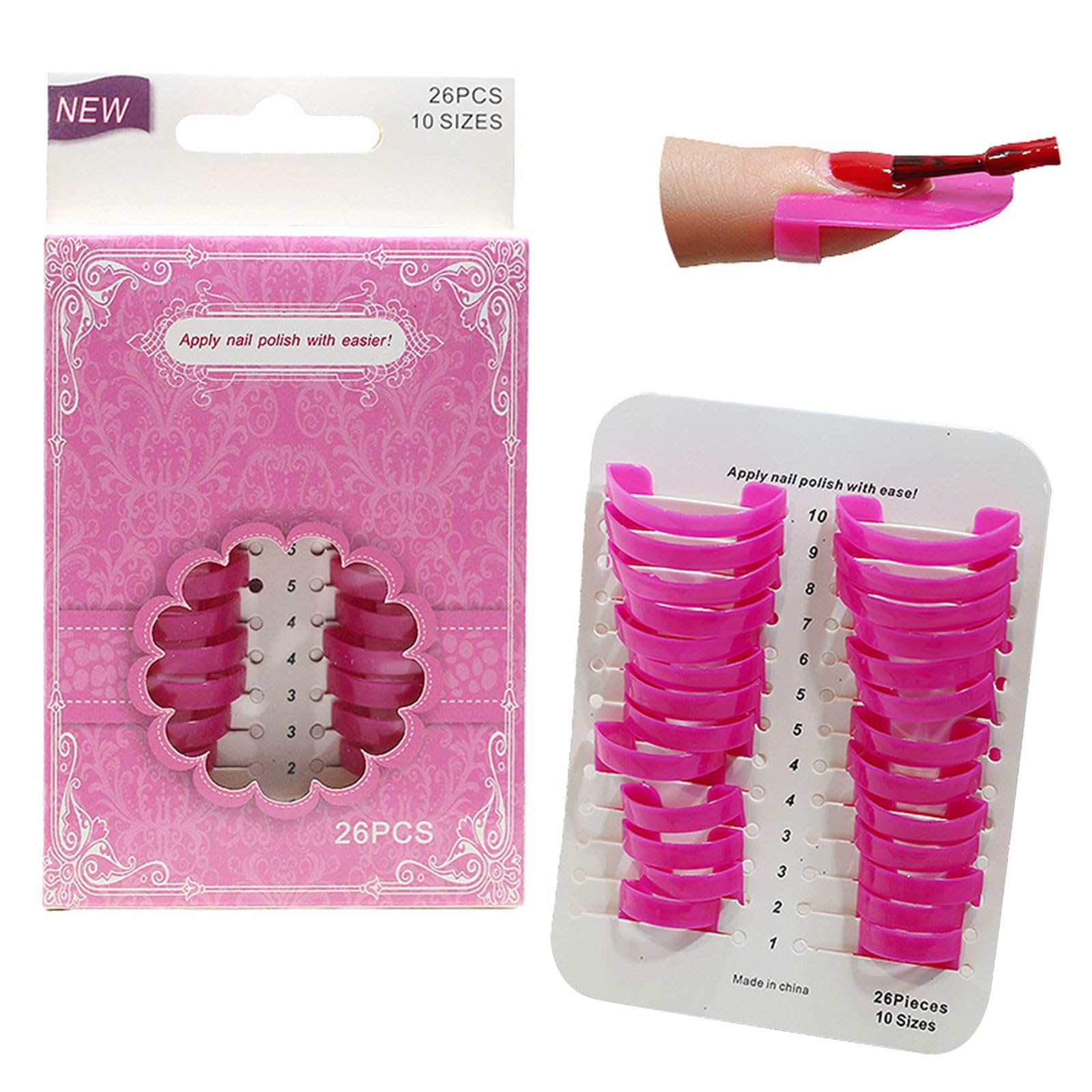 Ten distinct sizes of flexible plastic nail polish stencils laid out sequentially