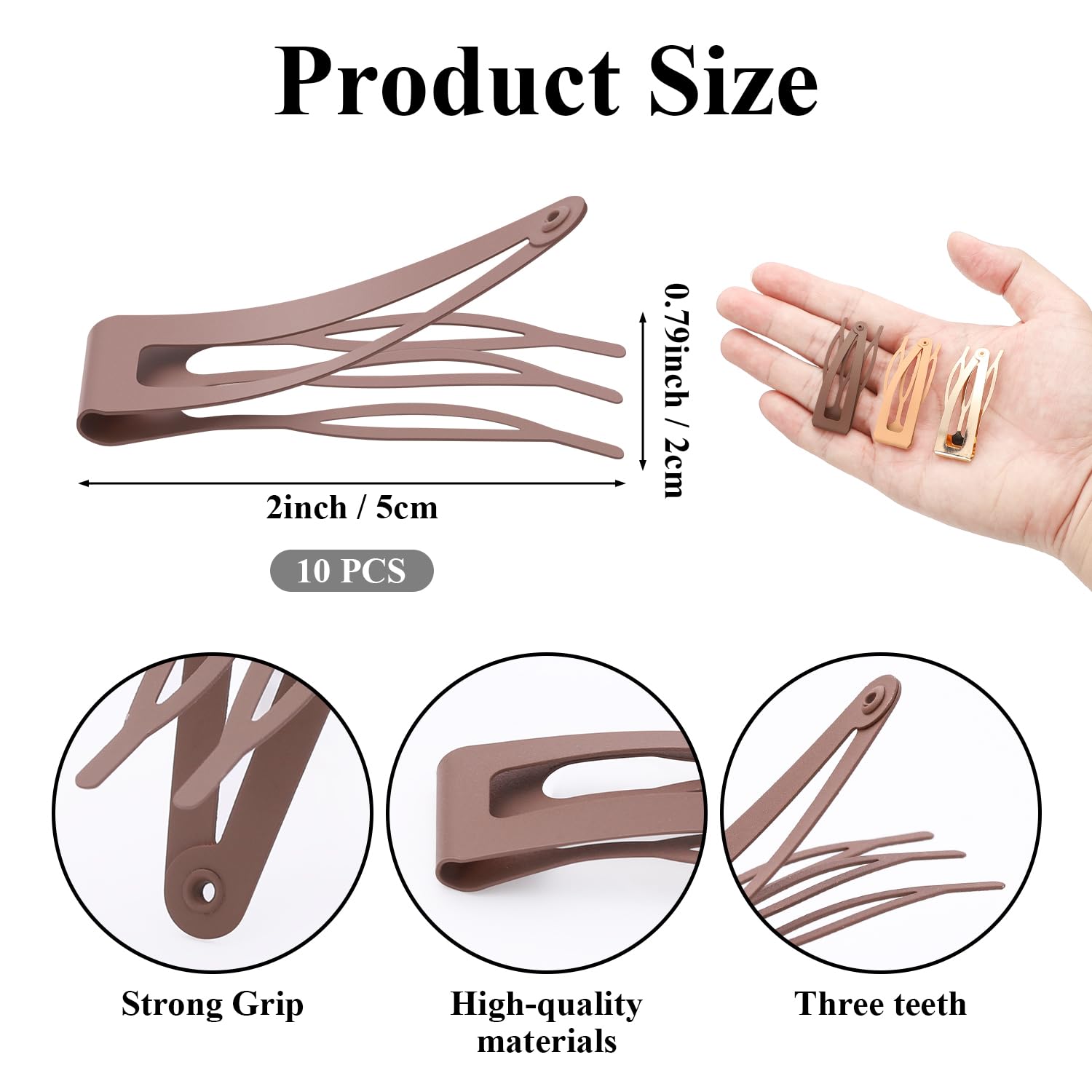 Five classic neutral shades of professional metal hair barrettes laid out flat
