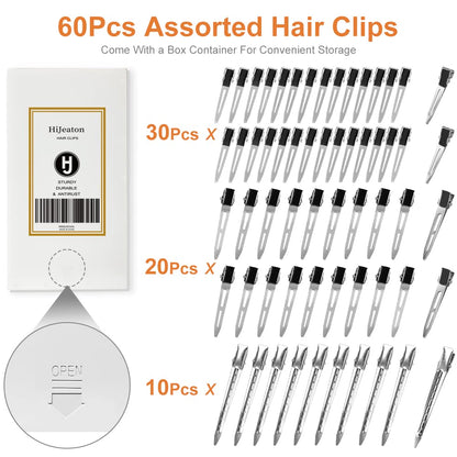 HiJeaton duck bill hair clips set showing 60 pieces of silver styling accessories
