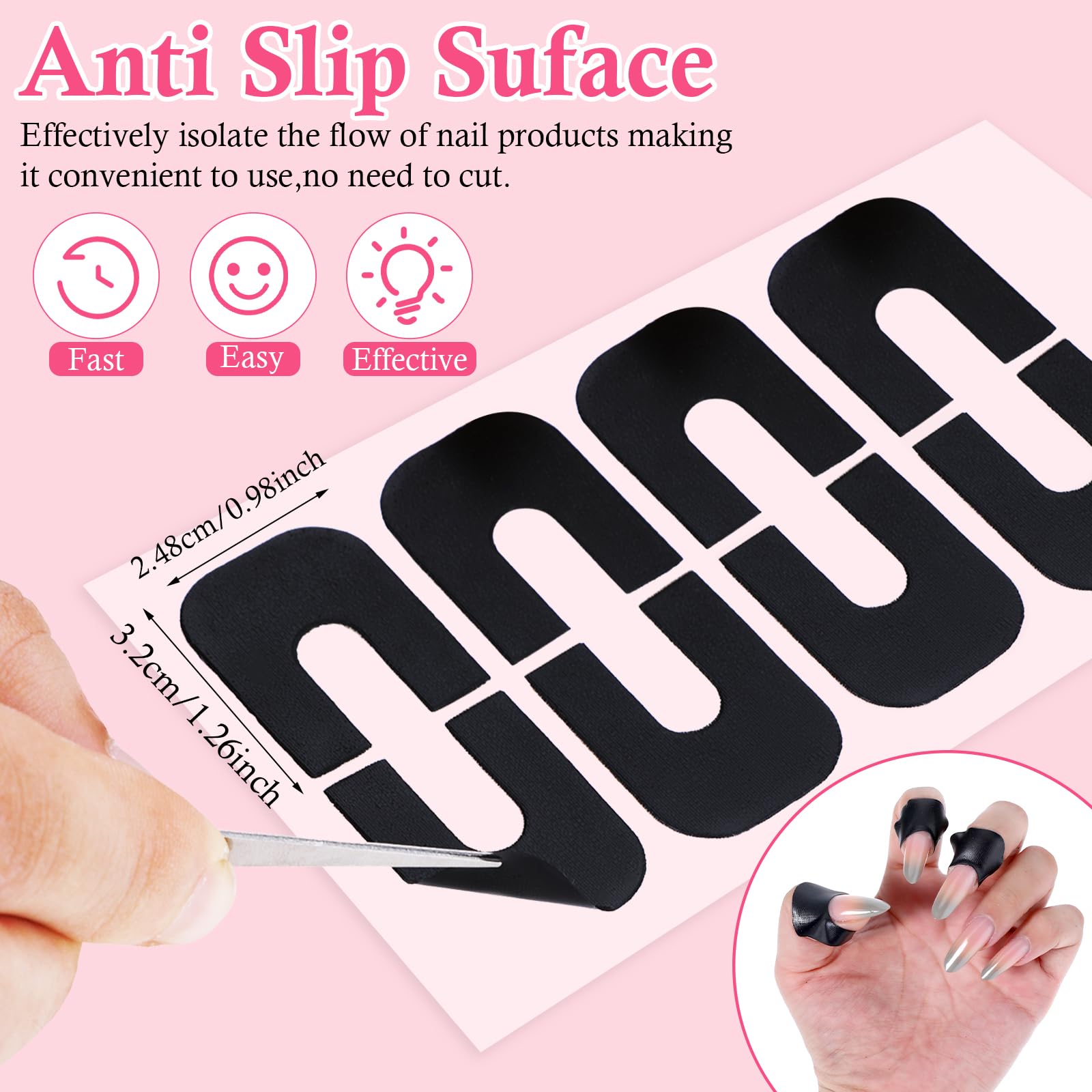 Close up view of a black U-shaped cuticle protector tape being applied around a fingernail.