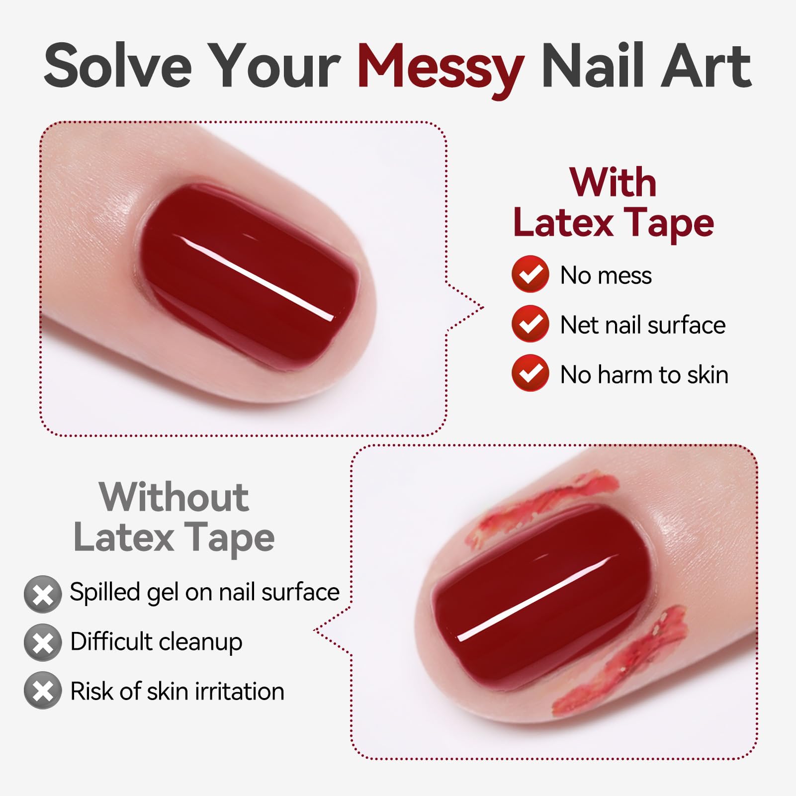 A clean manicure process showing the pink liquid latex dried around the nail cuticle before stamping.
