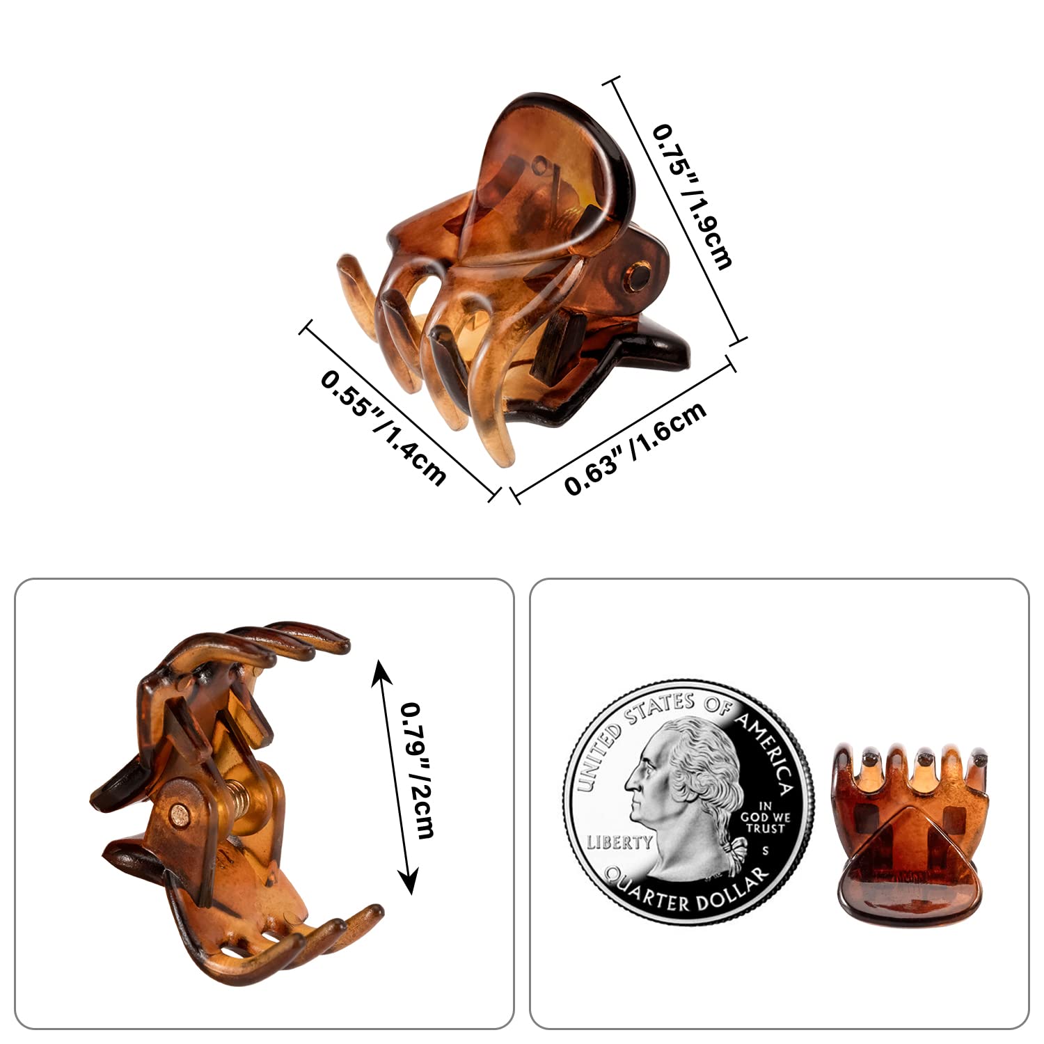 Small butterfly hair jaw clamps in black brown and clear shades laid out on flat surface