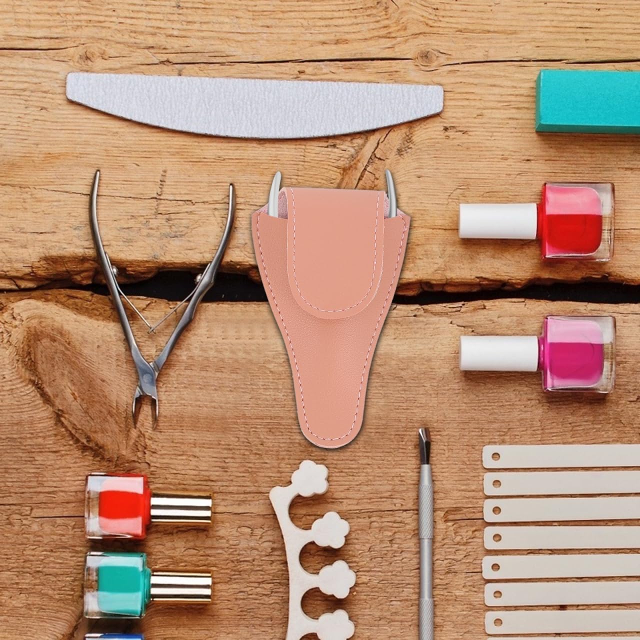 Angoily premium leather grooming case with a cuticle scissor securely inserted inside.