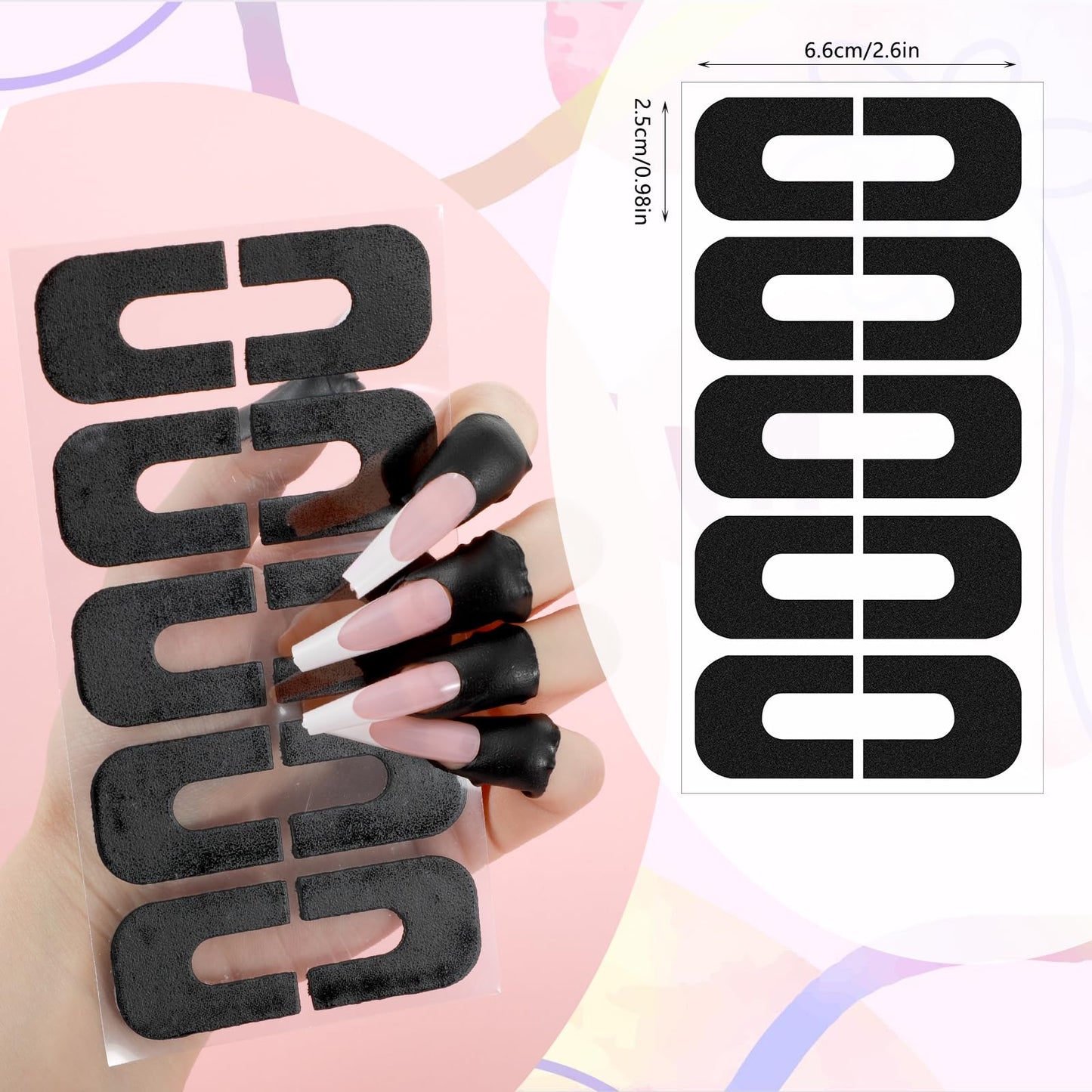 Close up view of the flexible U-shaped cuticle guard sticker applied neatly around a finger bed