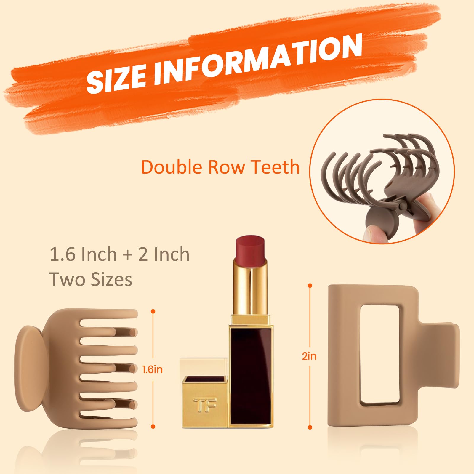Depoka rectangle claw clips in beige and khaki showcasing the non slip double row inner teeth design.