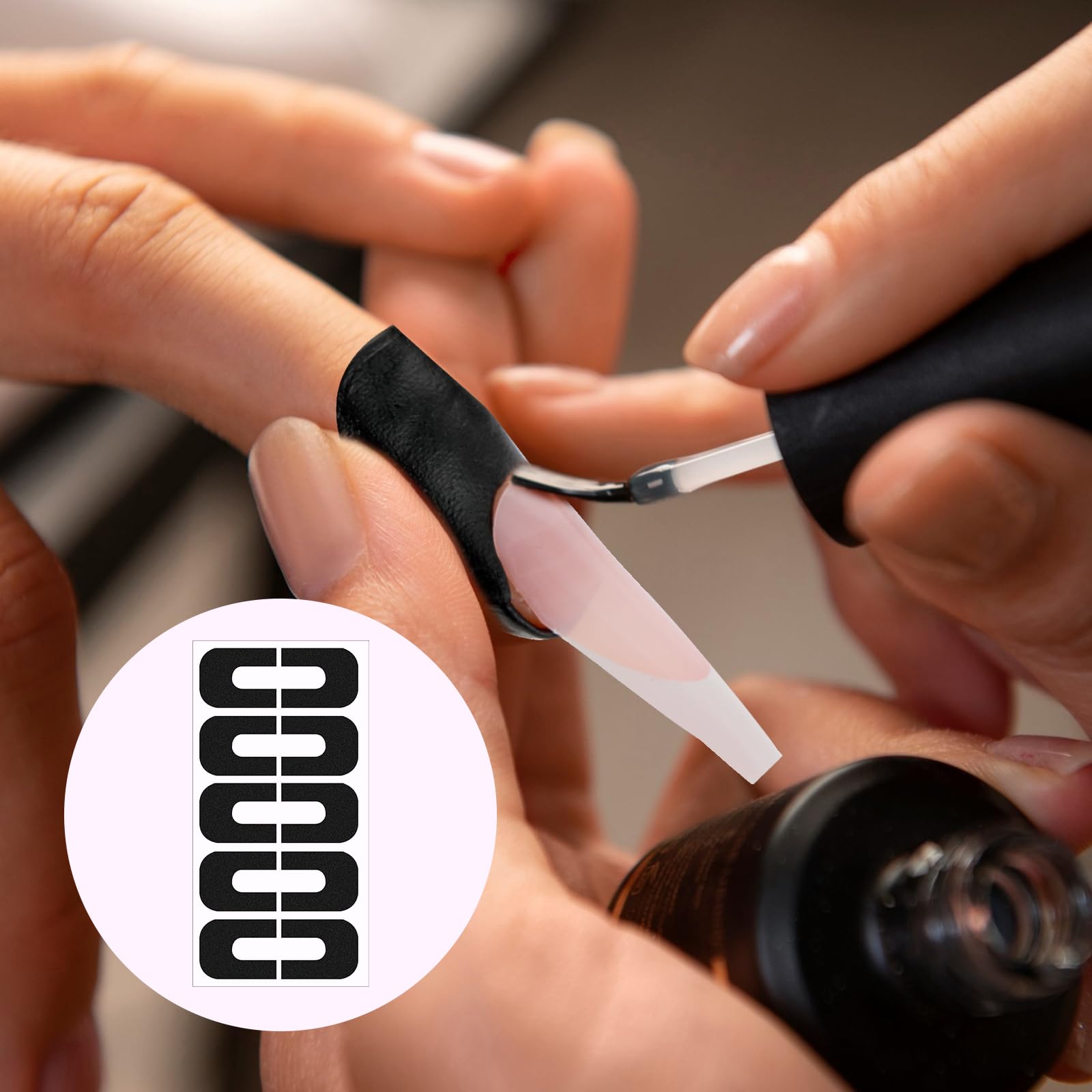 Step by step visual showing the easy removal of the adhesive finger skin guard after a French tip manicure