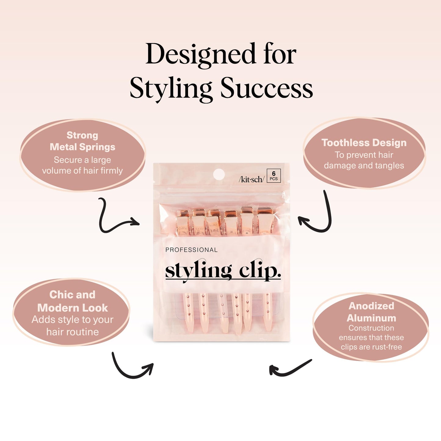 Rose gold metal hair clips for crease-free makeup application on a vanity table