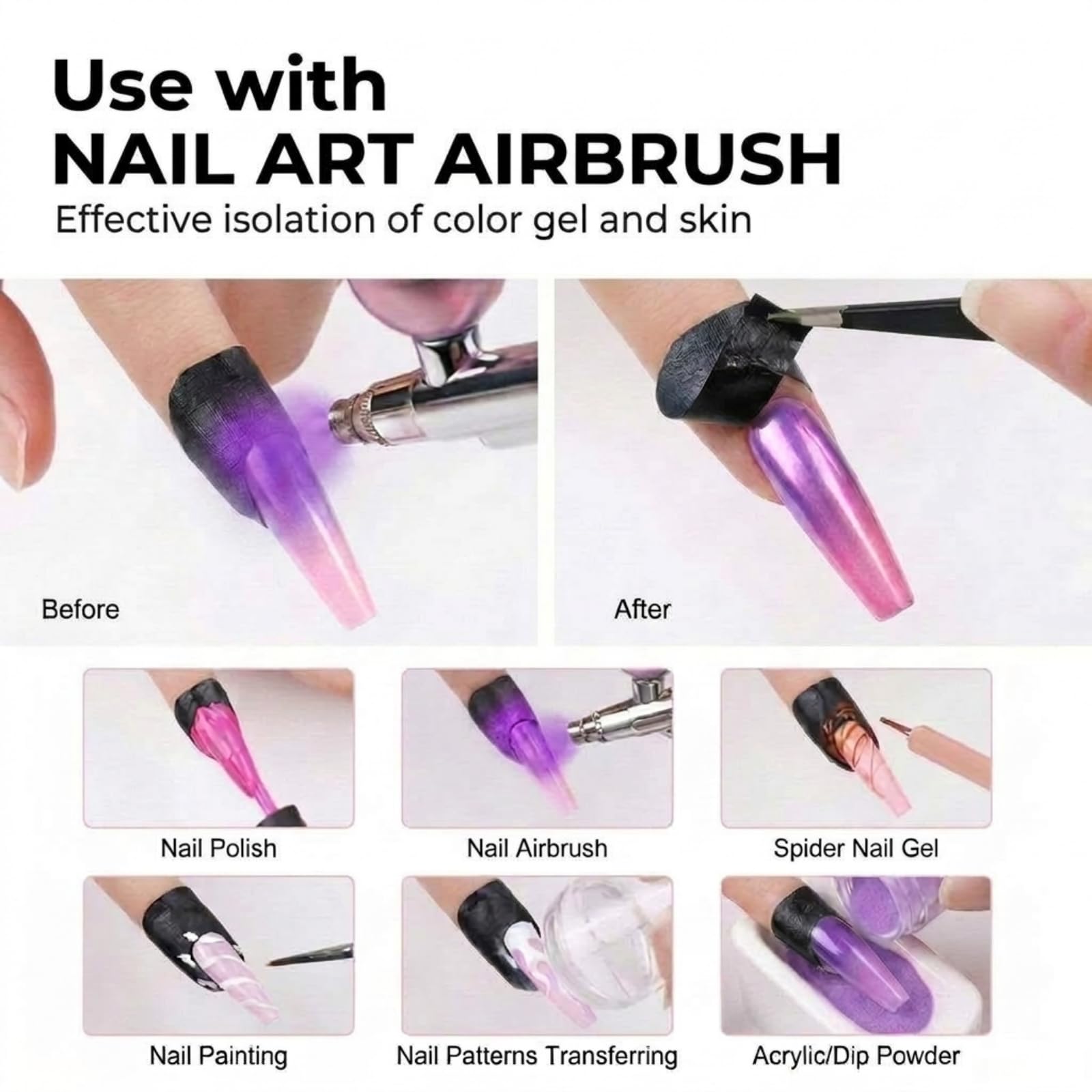 Peeling off a purple Outus finger guard sticker to reveal a clean French tip manicure edge.