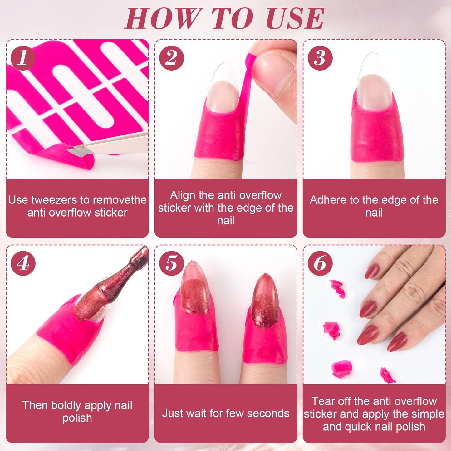 Close up of flexible pink U-shape nail stickers preventing polish spills on cuticles