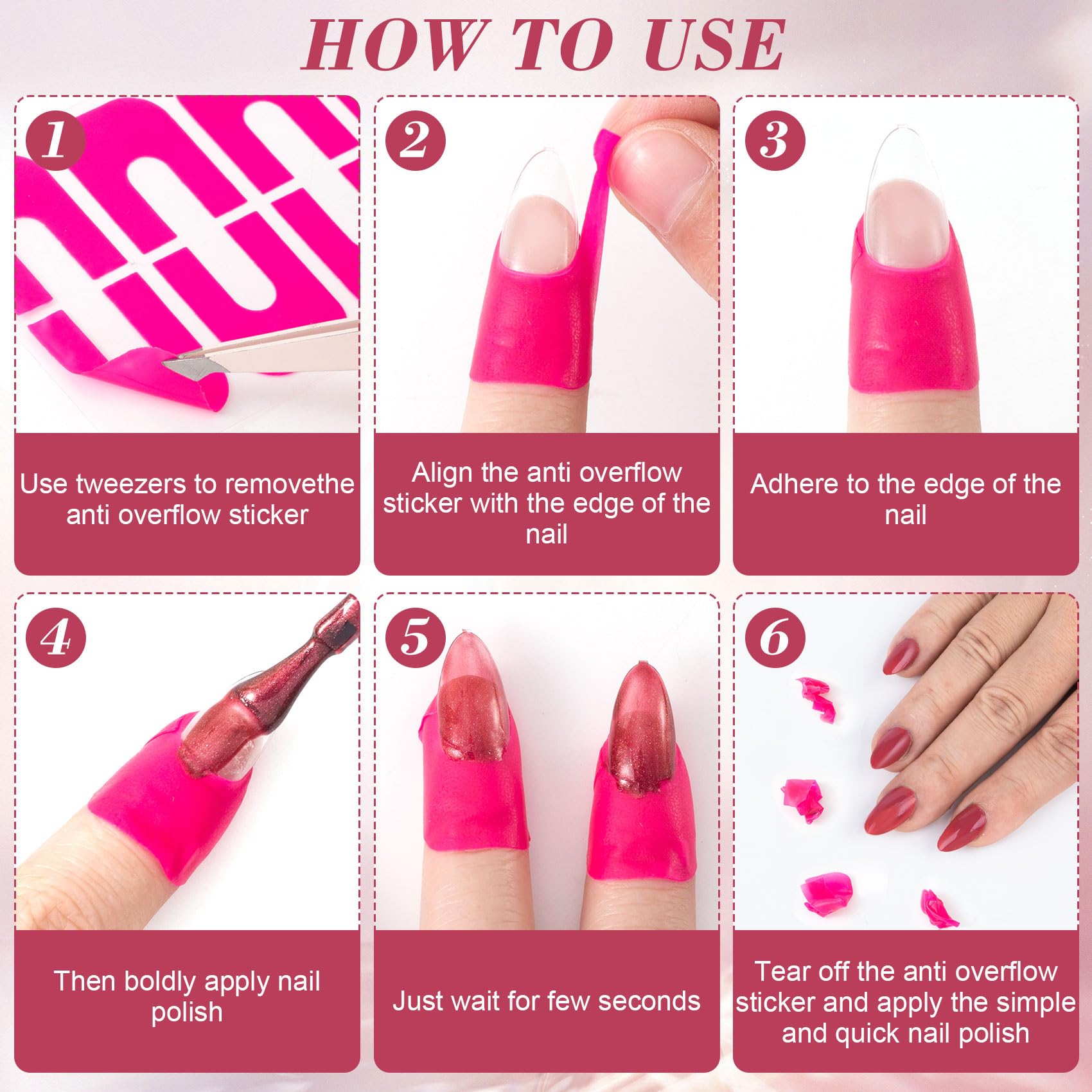 Close up of flexible pink U-shape nail stickers preventing polish spills on cuticles
